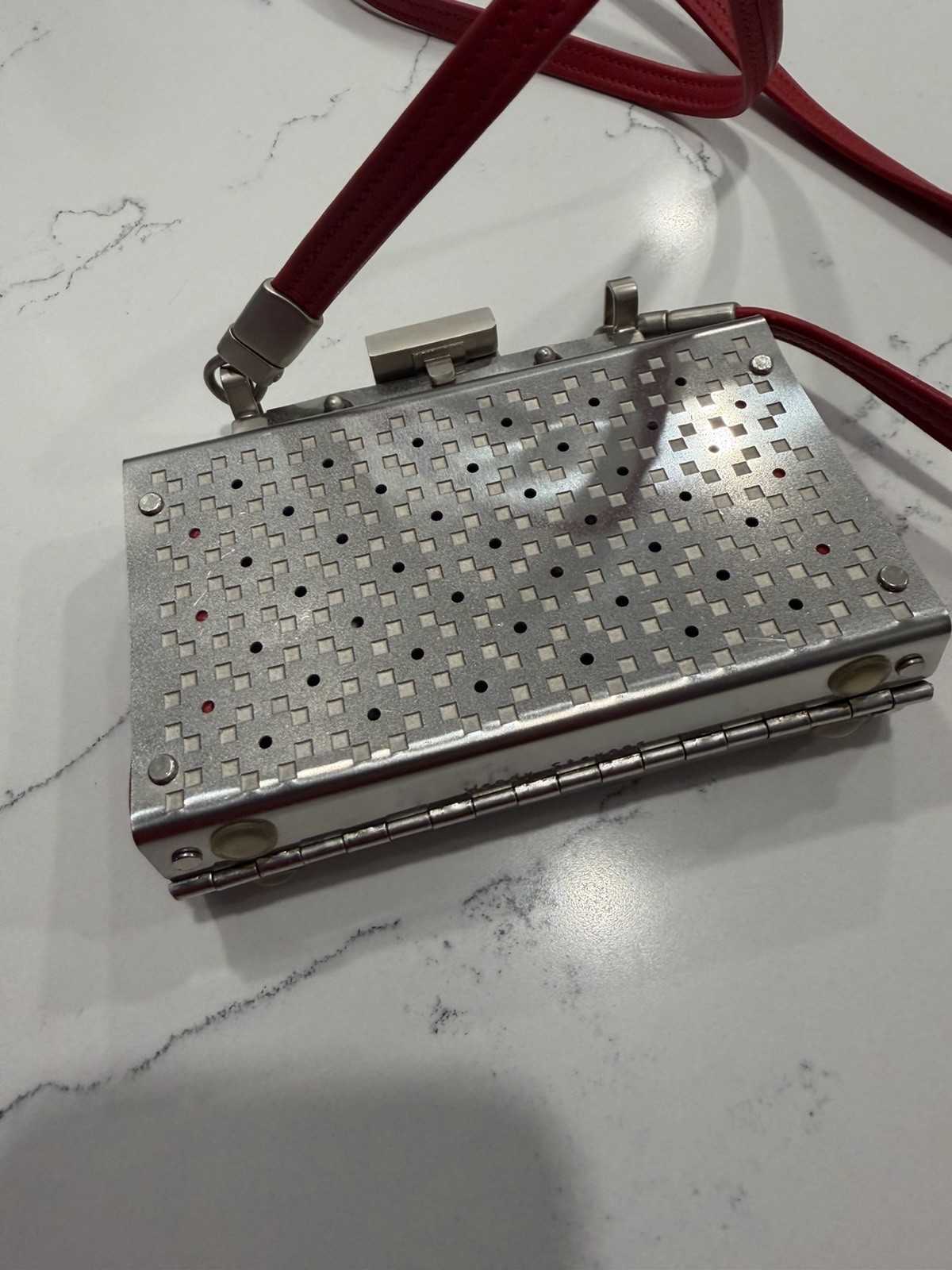 Wendy Stevens Paris Shoulder Drop Wallet/Bag, Stainless Steel Red Leather