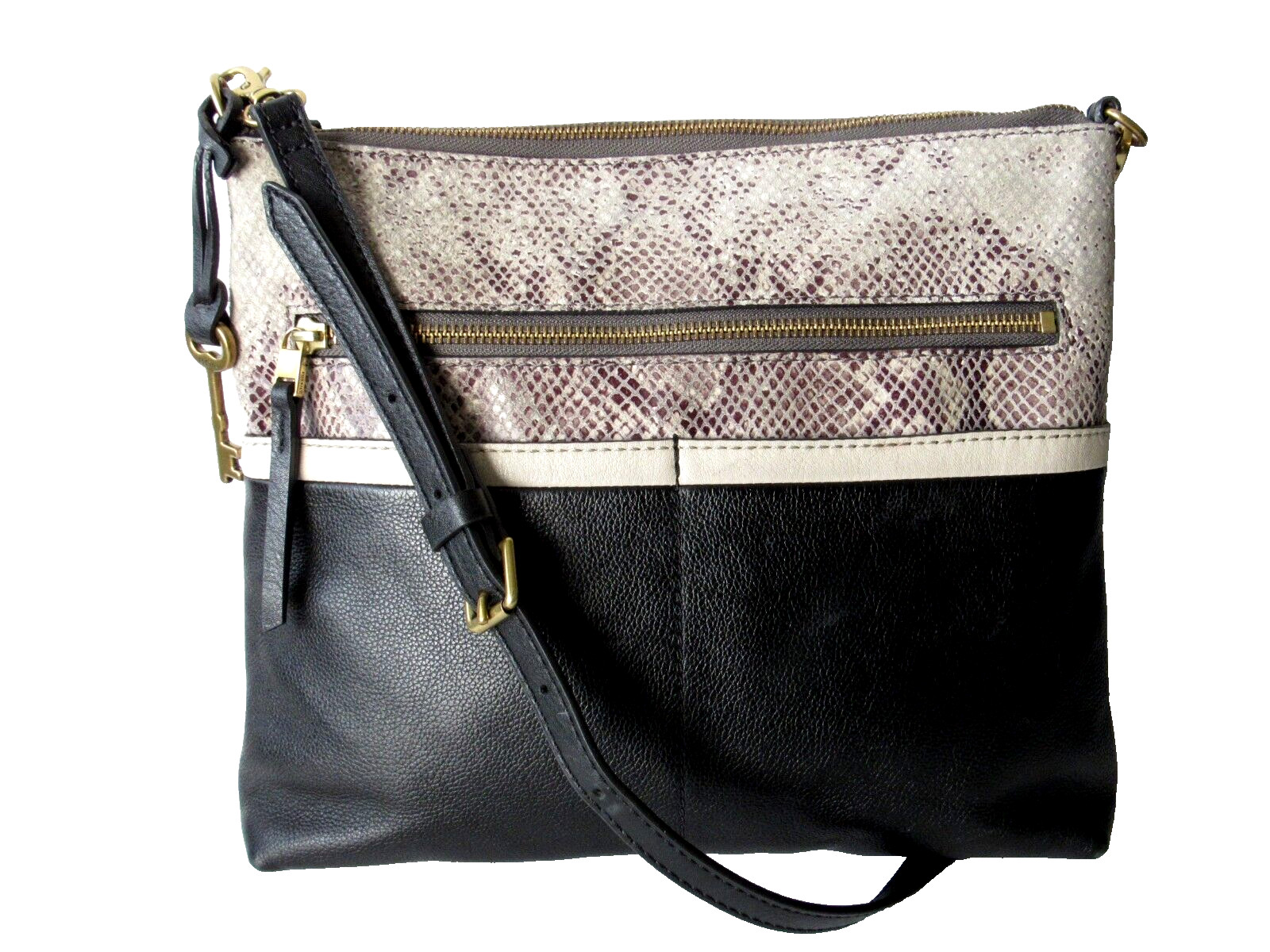 FOSSIL Black Leather CONVERTIBLE Crossbody/Shoulder Bag Detachable Strap Key Fob