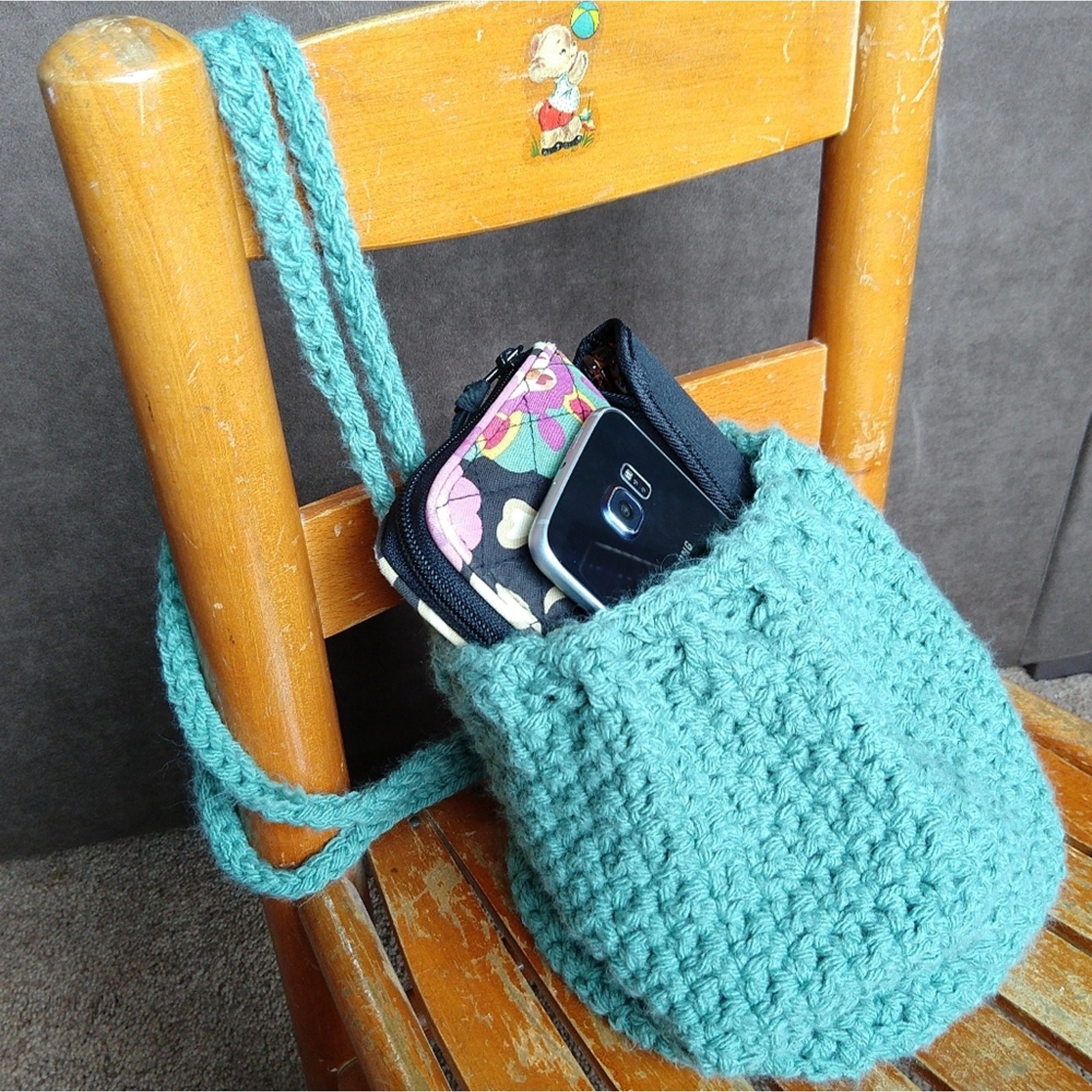 Crochet Drawstring Mini Backpack Purse Bag Fern Green handmade unlined 10″