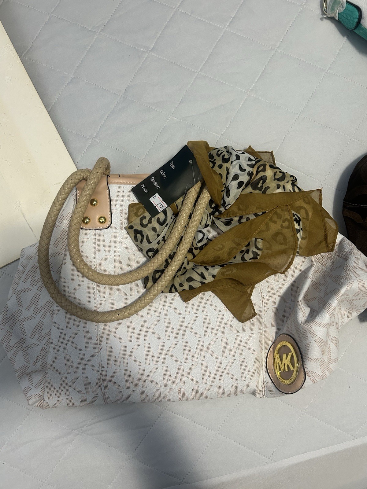 Michael Kors Logo Beige/Brown Tote Zip Braided Handles w/ Scarf Coin Purse