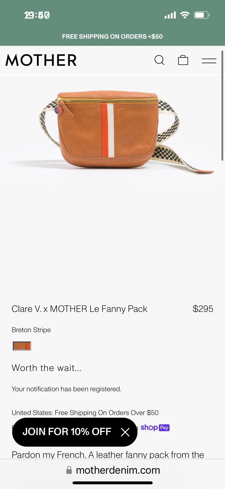 Clare V. x MOTHER Small Brown Le Fanny Belt Bag, Check Strap, Gold Zip