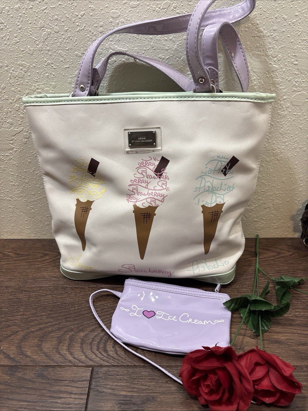 LULU GUINNESS “I Love Ice Cream”tote bag Tan Purple Green Shoulder Bag W/coin Ba