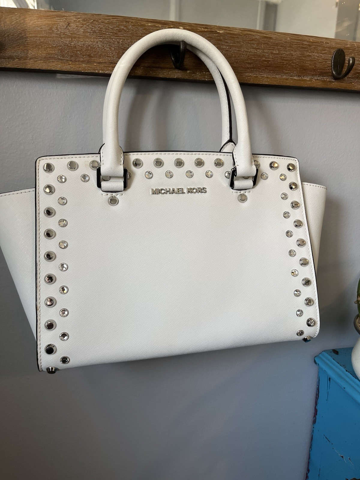 Michael Kors Selma Stud Medium Satchel White Leather Silver Studs Bag
