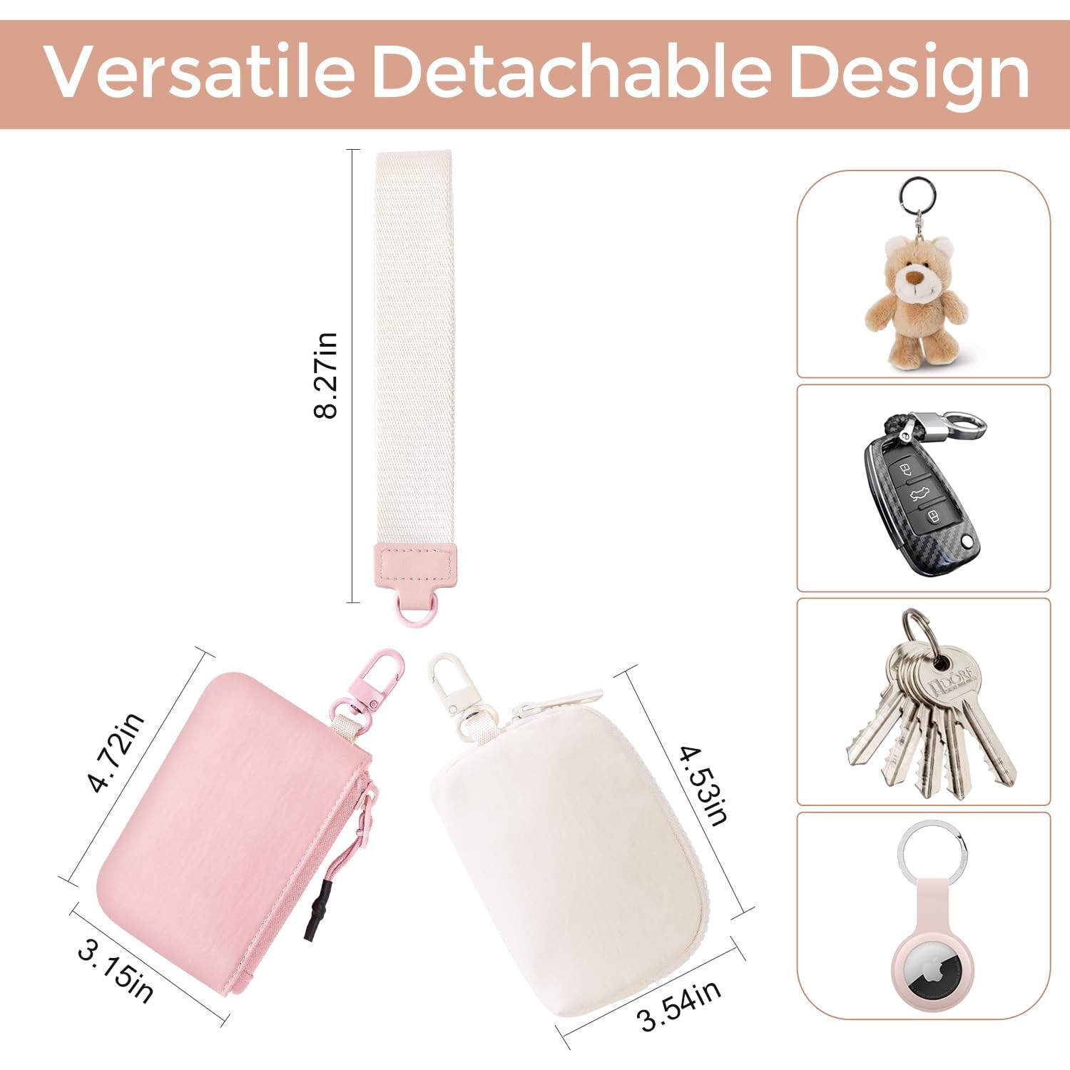 Dual Pouch Wristlet Keychain Wallets for Women with 2 Detachable Zipper Coin Pur