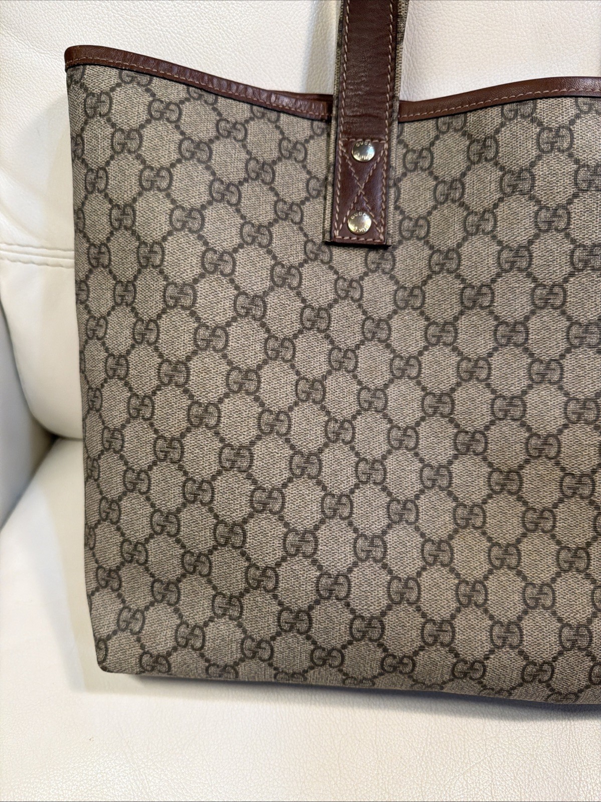 Gucci GG Pattern Tote Bag for Women with Brown Leather Handles Logo Print