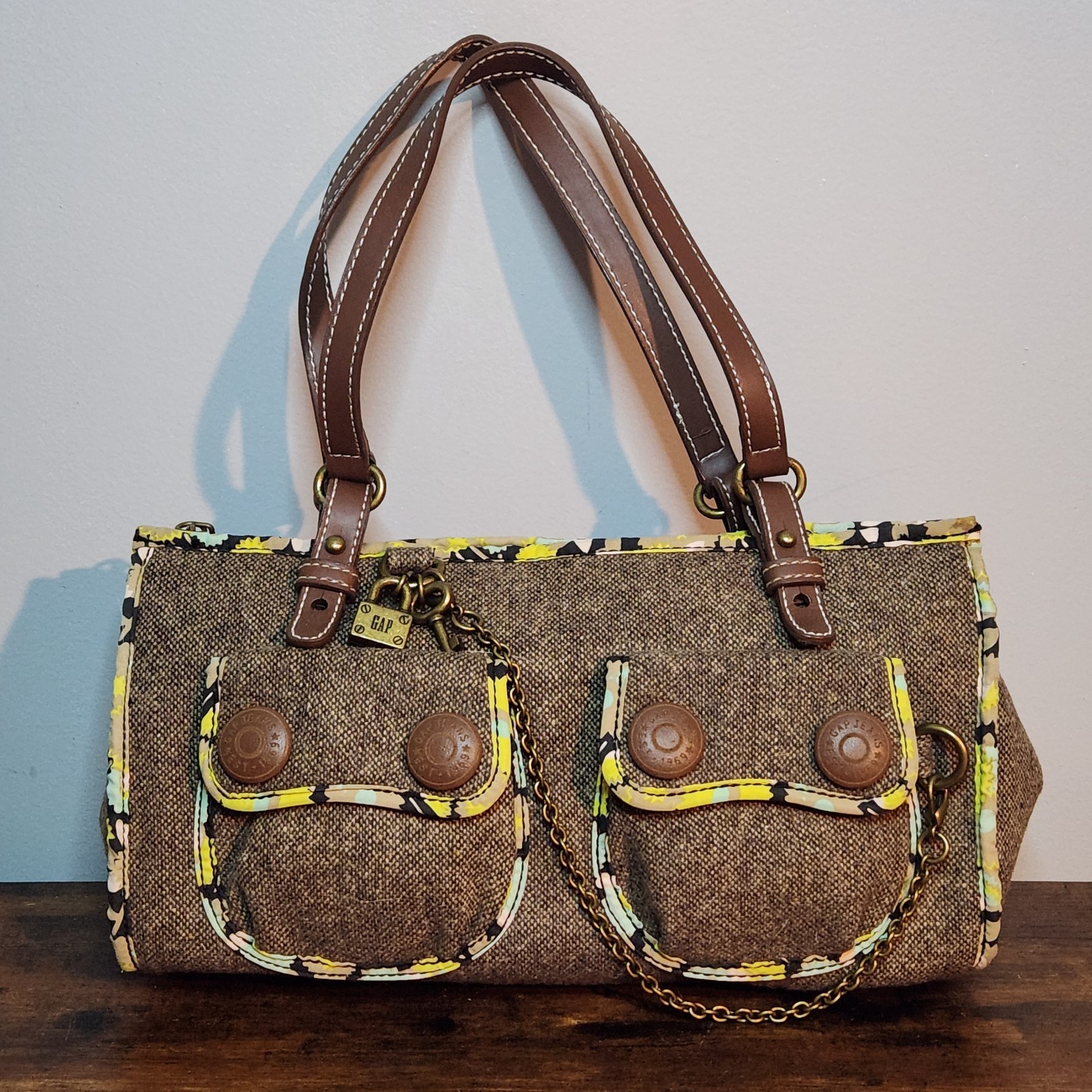 GAP Brown Tweed Y2K Wool Blend Shoulder Purse Zip Bag Chain and Lock Vintage