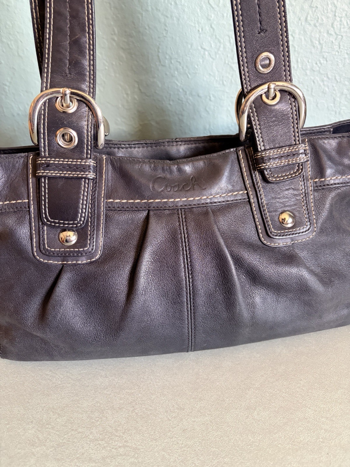 Coach Soho Pleated Leather Black Large Tote Purse Handbag F13732