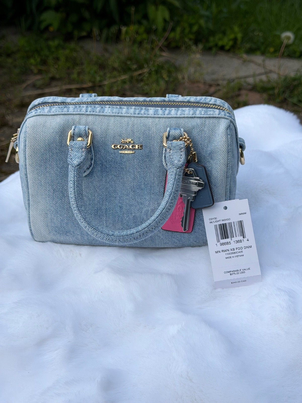 Coach NWT Mini Denim Rowan Bag in Loved Denim Crossbody CDY30 Sold Out W/Charms