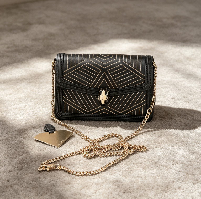 AUTH Bvlgari Serpenti Forever Black Gold Embroidered Small Crossbody Bag