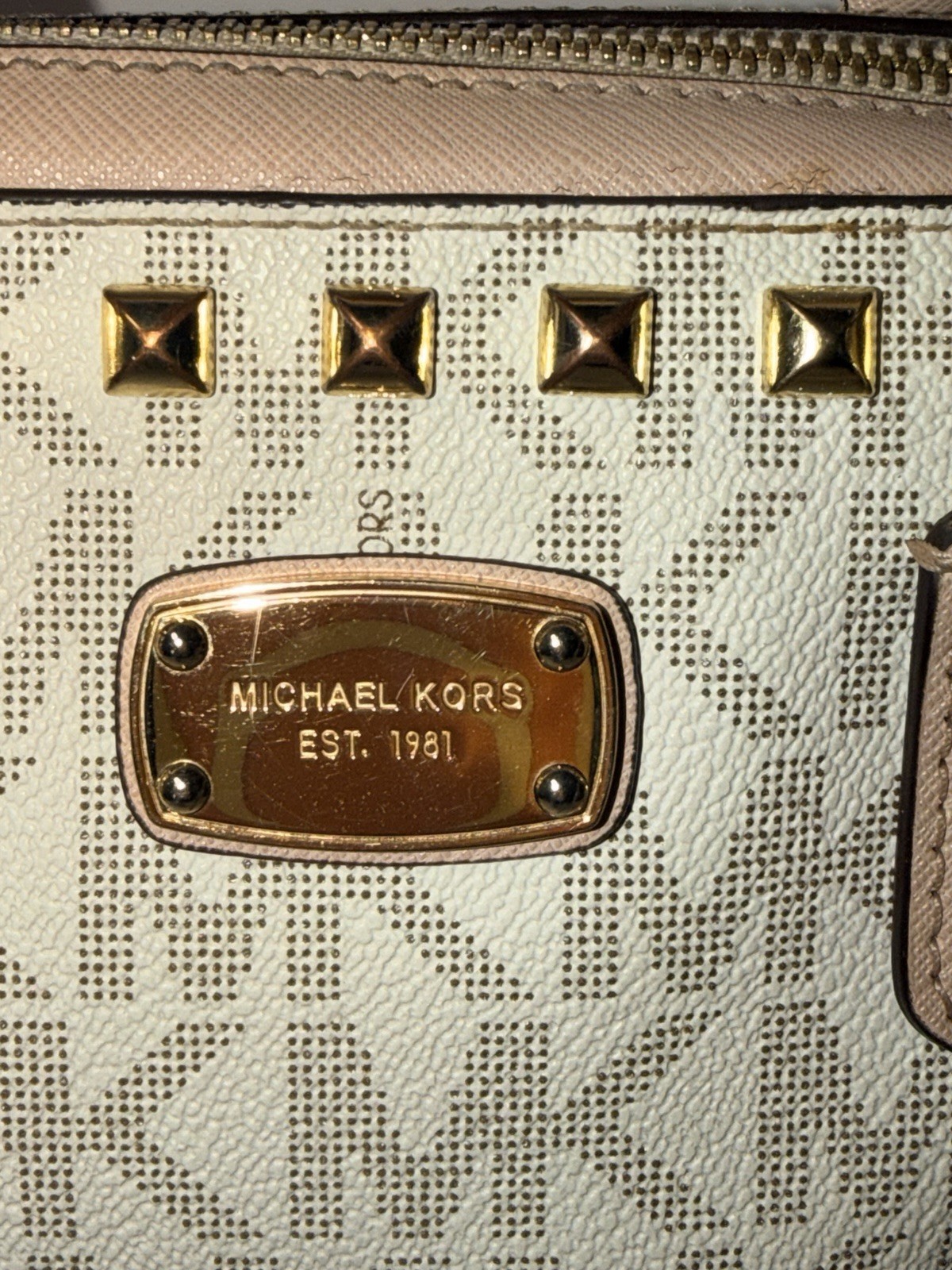 Michael Kors Women’s Signature Pink & Vanilla Gold Studs Satchel Crossbody Purse