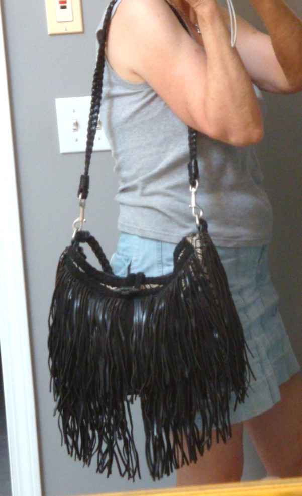 SAM EDELMAN Black Fringe Leather Large Hobo Handbag Boho Hippie Festival Biker