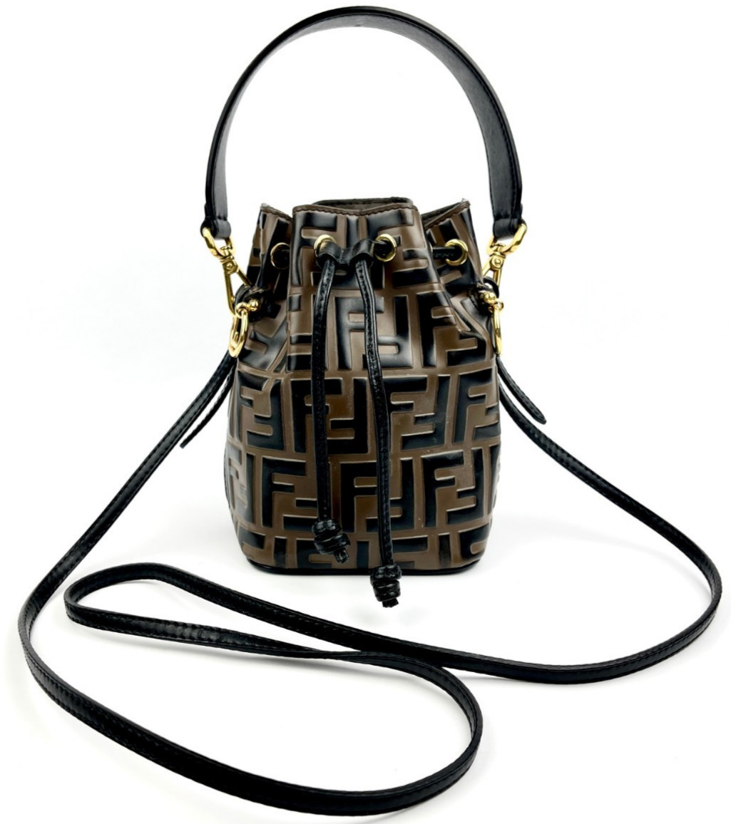 Retail $2050 FENDI Mon Tresor FF Mini Brown Embossed Calf Leather Crossbody Bag