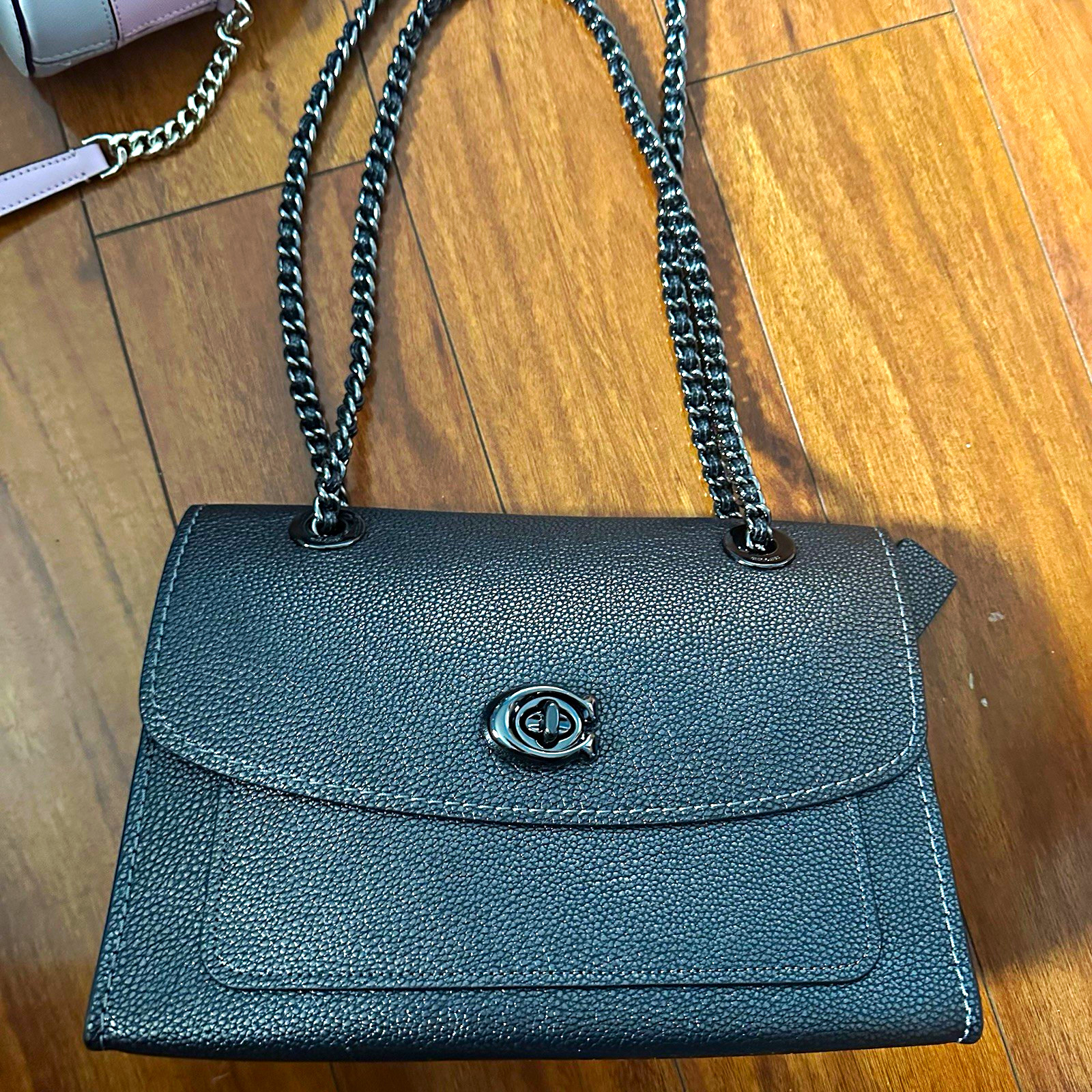 Coach Parker Shoulder Bag Black Pebbled Chain Strap Turn Lock Zip Crossbody