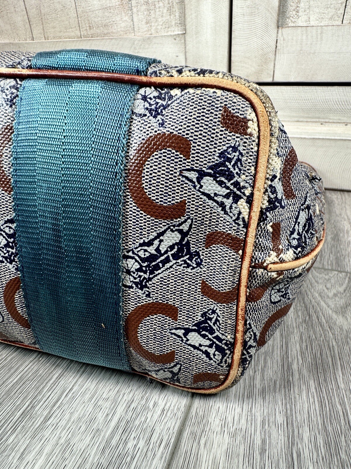 Celine Macadam Pattern Shoulder Bag Tote Authentic Brown Logo Aqua Handles