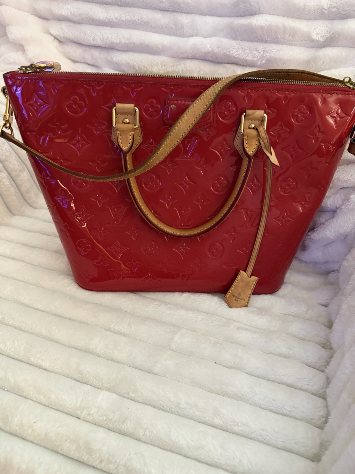 2014 LV Monogram Vernis Montebello Bag in cherry red
