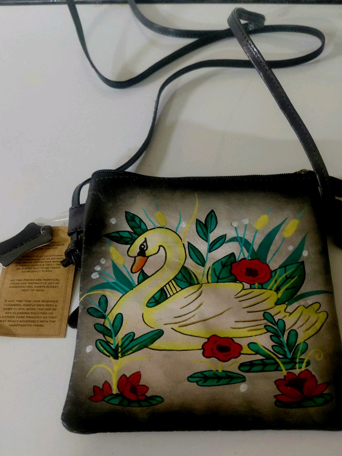 Sukriti Swan Hand Painted Genuine Leather Crossbody Bag. New With Tags.
