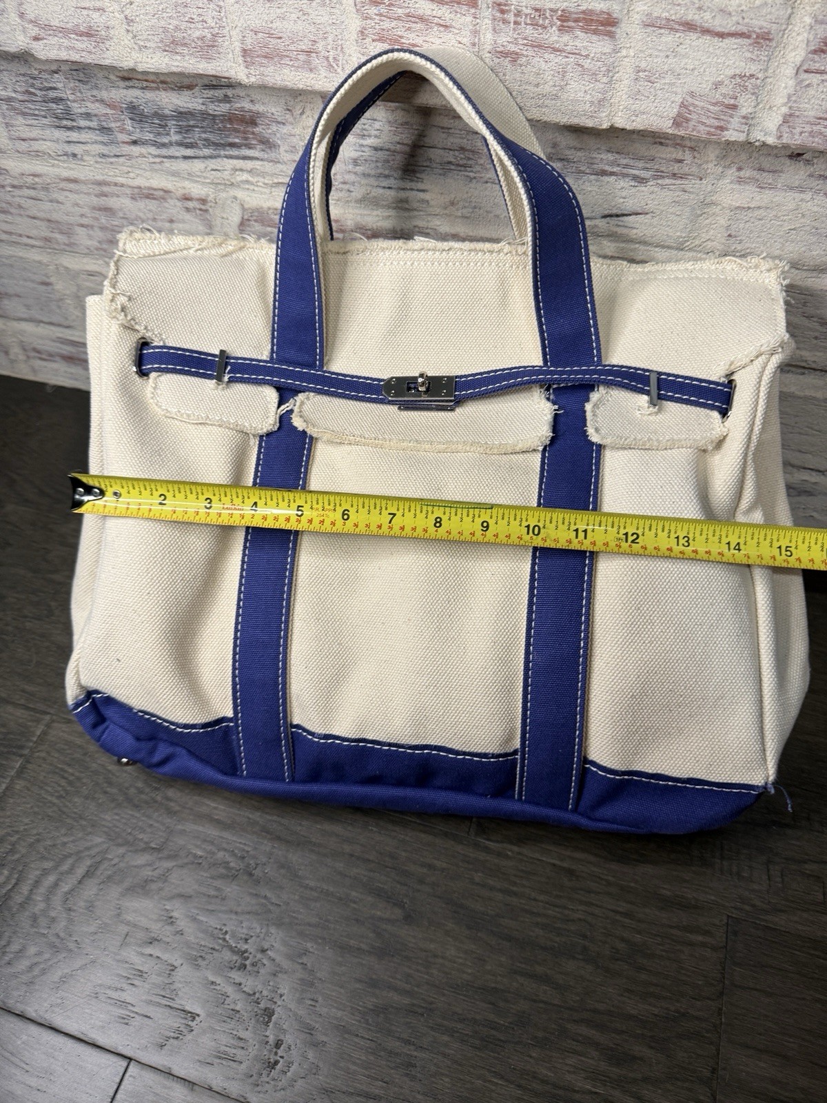 Sunwin Madaket Classic Large Tote Bag Canvas Natural with Blue Trim Silver