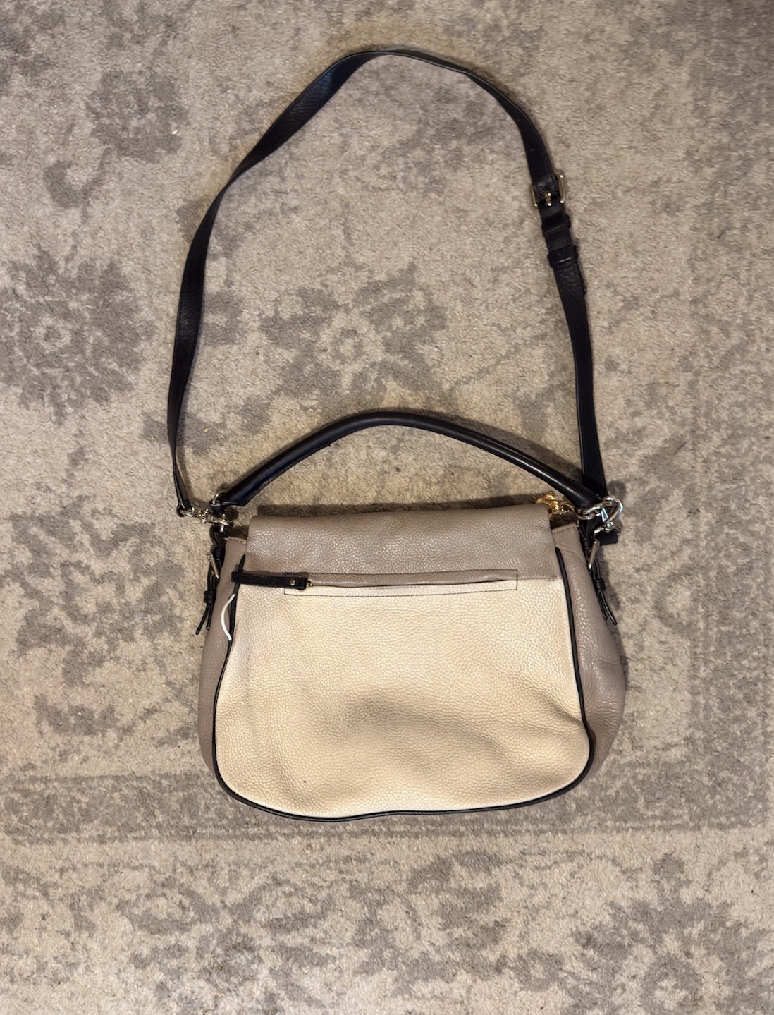 kate spade new york Medium Beige Pebbled Shoulder Bag Zip, Black Strap Striped