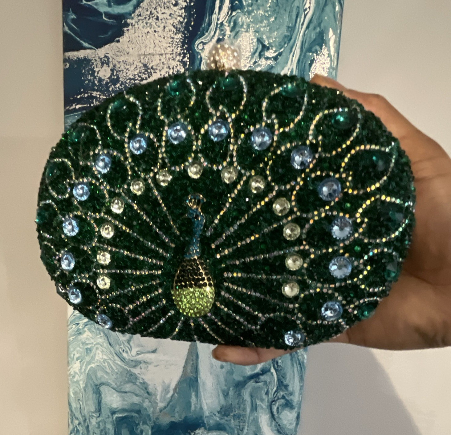 Green Peacock Beaded Rhinestone Oval Clutch w/ Gold Chain Strap, Clasp, Lined