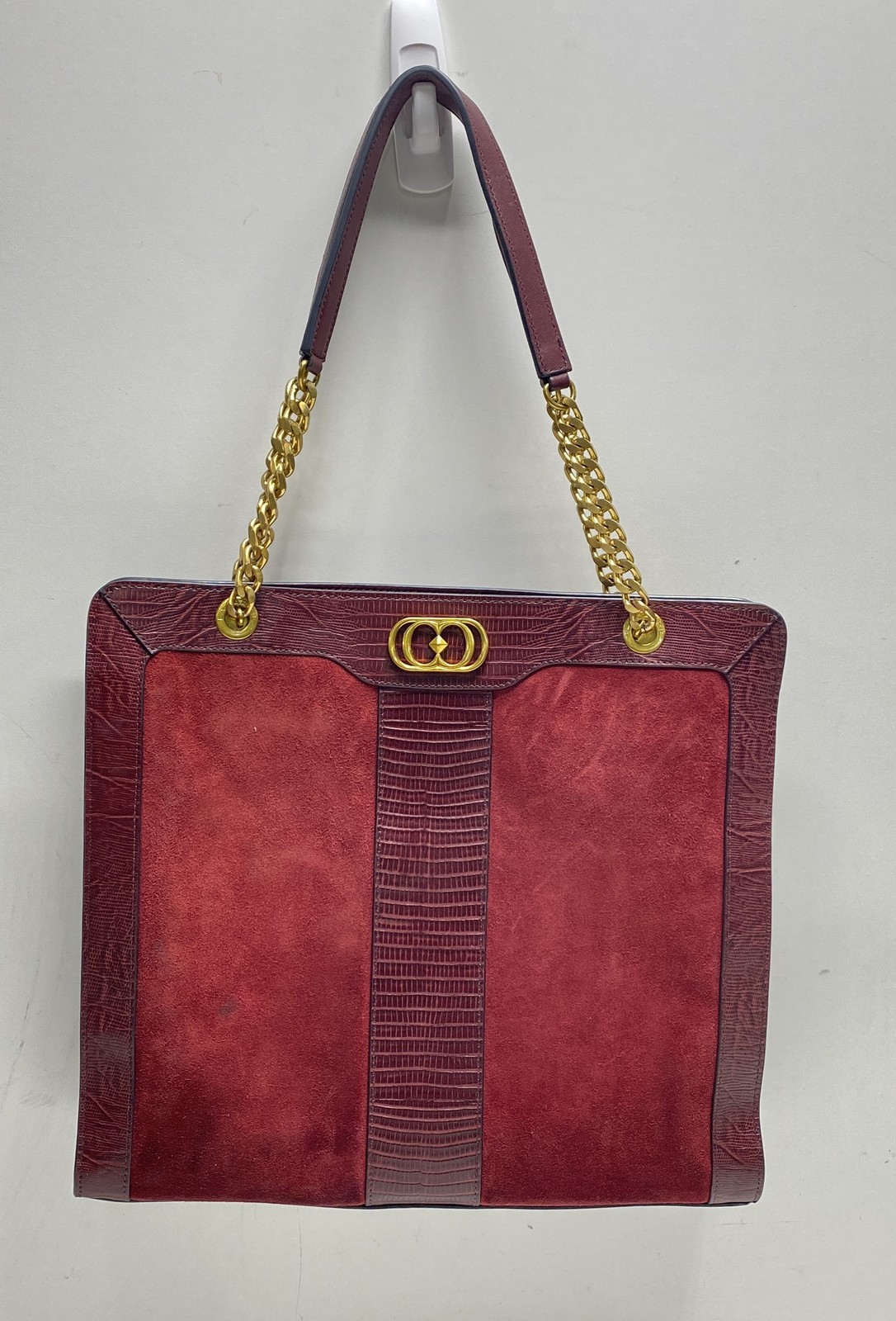 La Carrie Burgundy Suede & Lizard Embossed Leather Shoulder Bag Gold Hardware