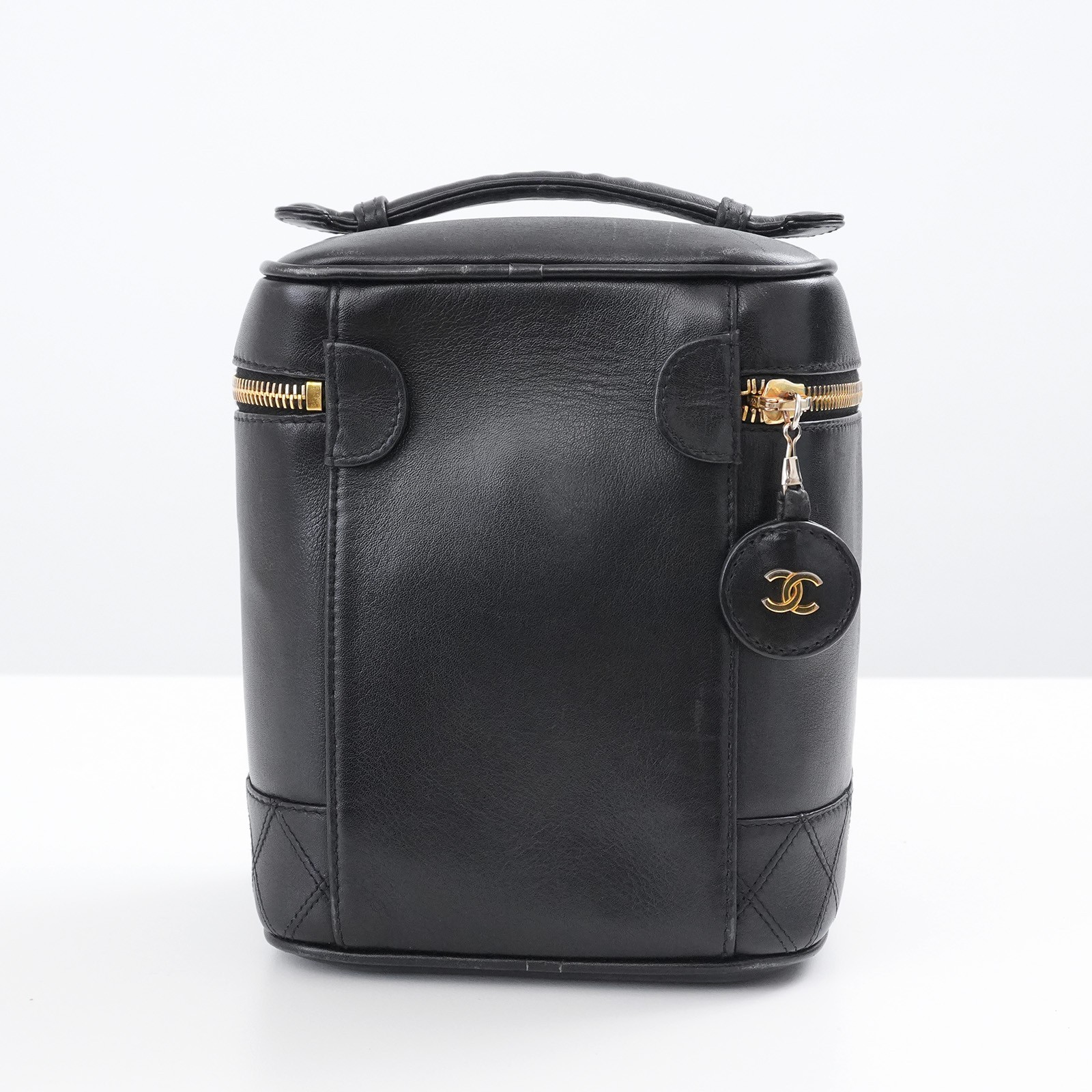 CHANEL CC Vintage Vanity Bag Pouch Black Lamb Skin Leather Auth