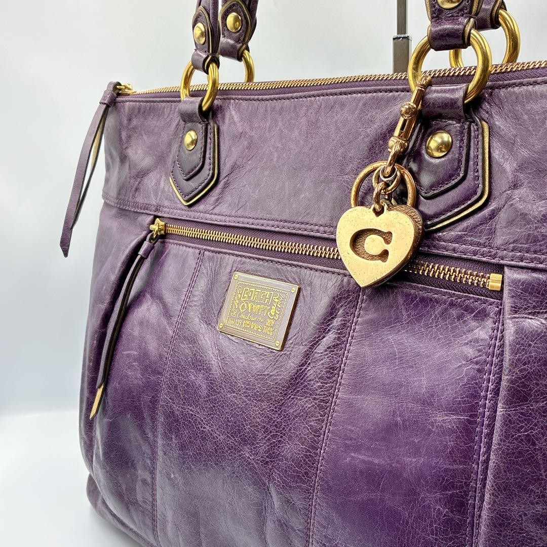COACH Poppy Purple Leather Tote Bag Y2K Large Shoulder Charm 44cm Zip #3221