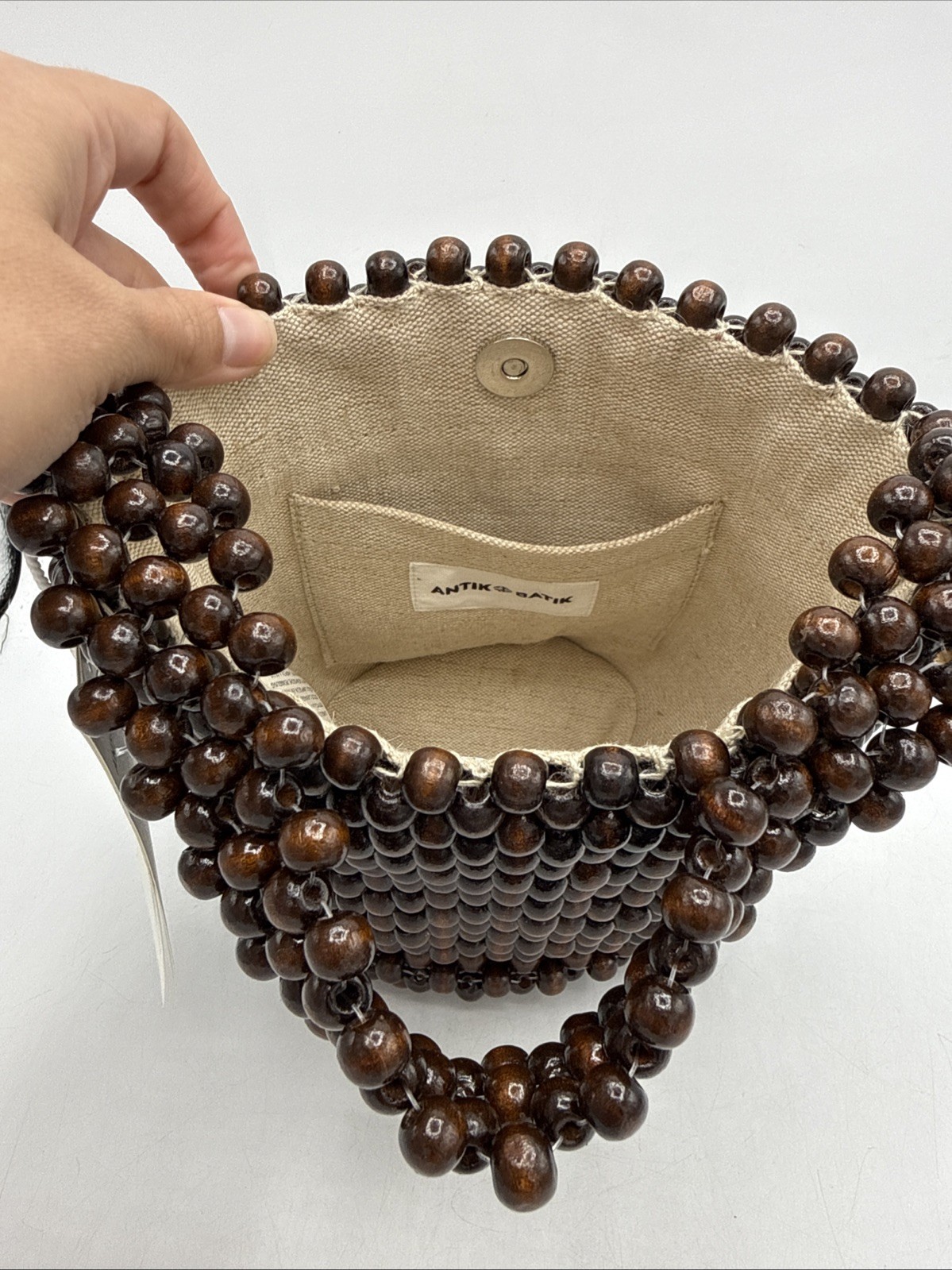 Antik Batik Bag Billie – Handcrafted Wooden Bead Bucket Bag Brown NWT Wood Beads