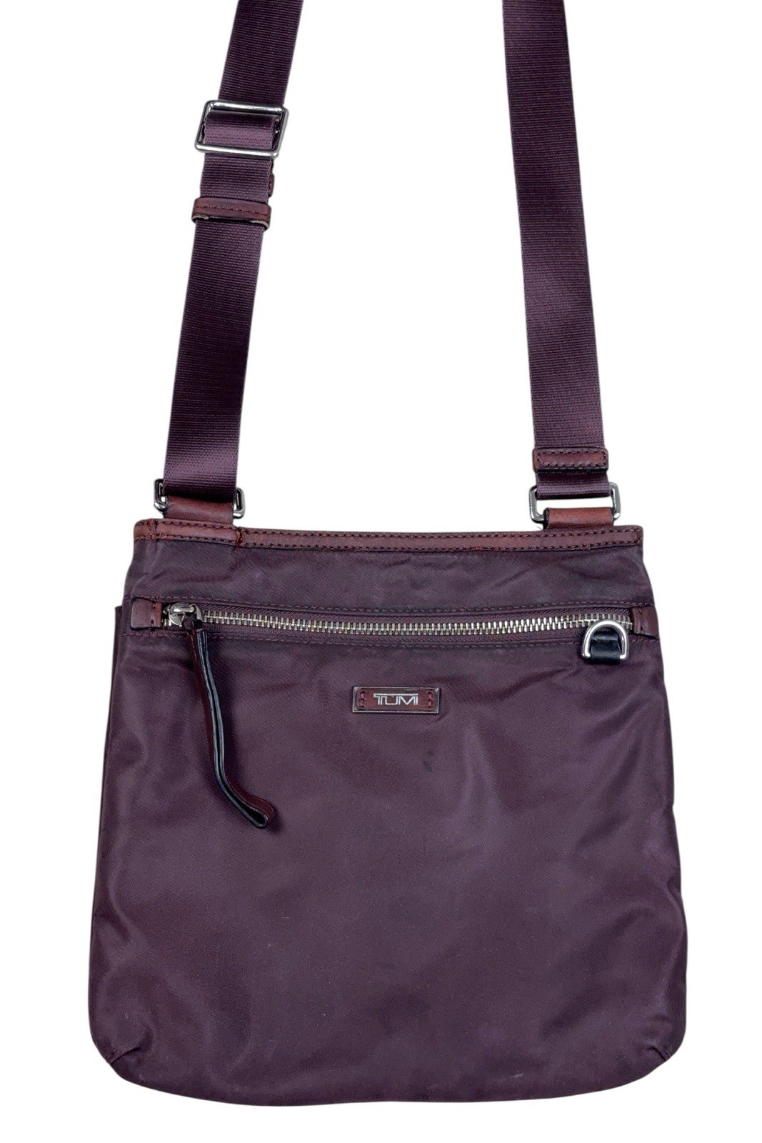 TUMI Tula Nylon Crossbody Bag Burgundy Travel Small Zip Purse Snake Python Lined