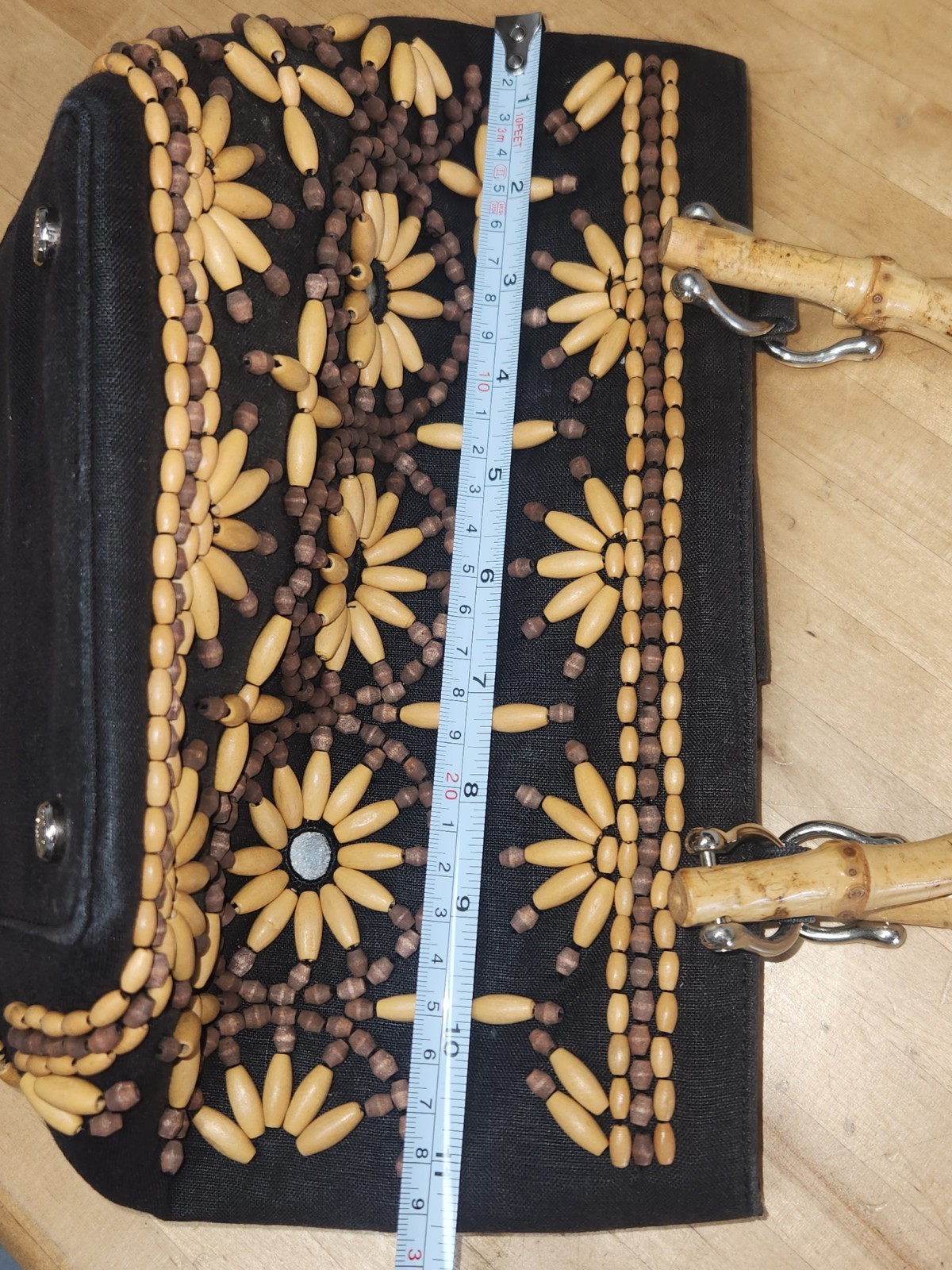 Talbots Wooden Beaded Tote Bag Boho Wood Bead Handbag Purse Shoulder Bag