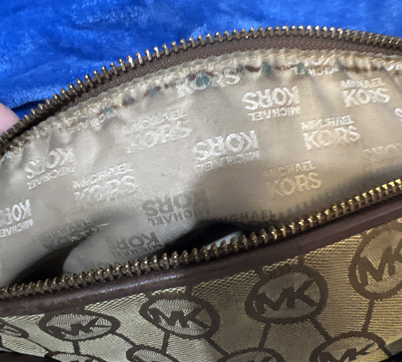Michael Kors Large CALISTA Satchel Bag MK Signature Jacquard Beige and Brown