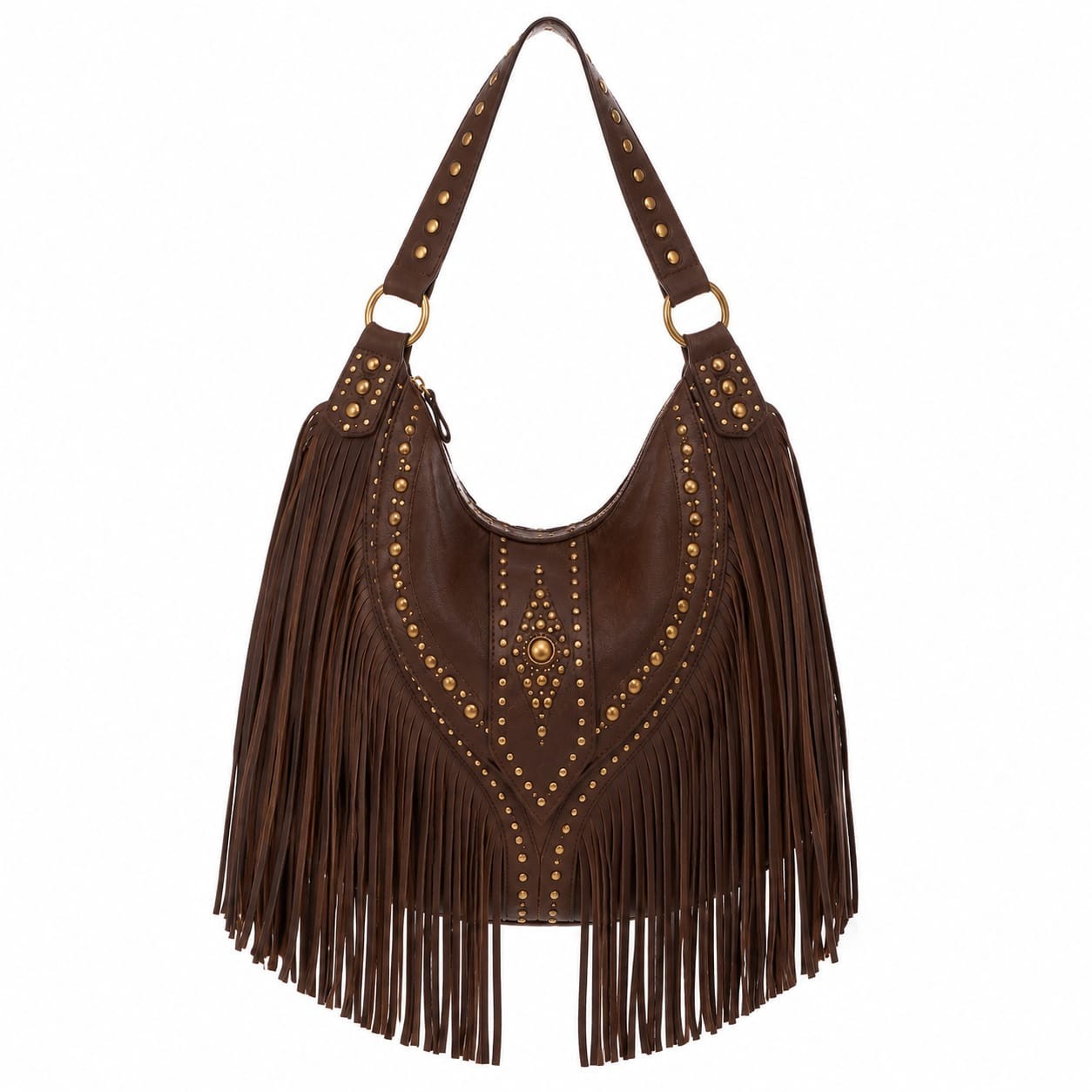 Women’s Brown Genuine Goat Leather Fringe Hobo Shoulder Bag Studded Handbag
