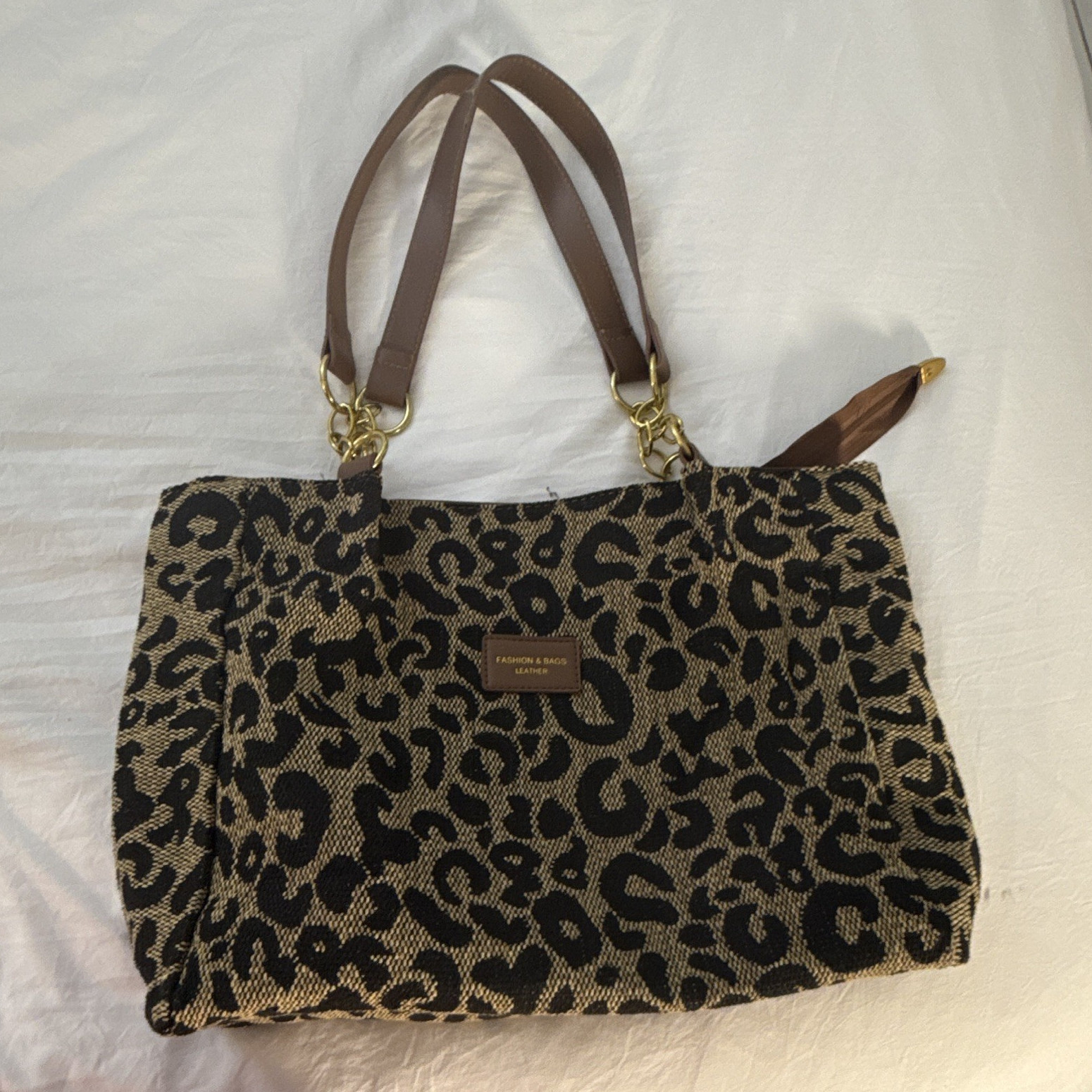 Leopard Print Tote Bag Brown/Black Gold Chain Accents Double Handles Zip Lined