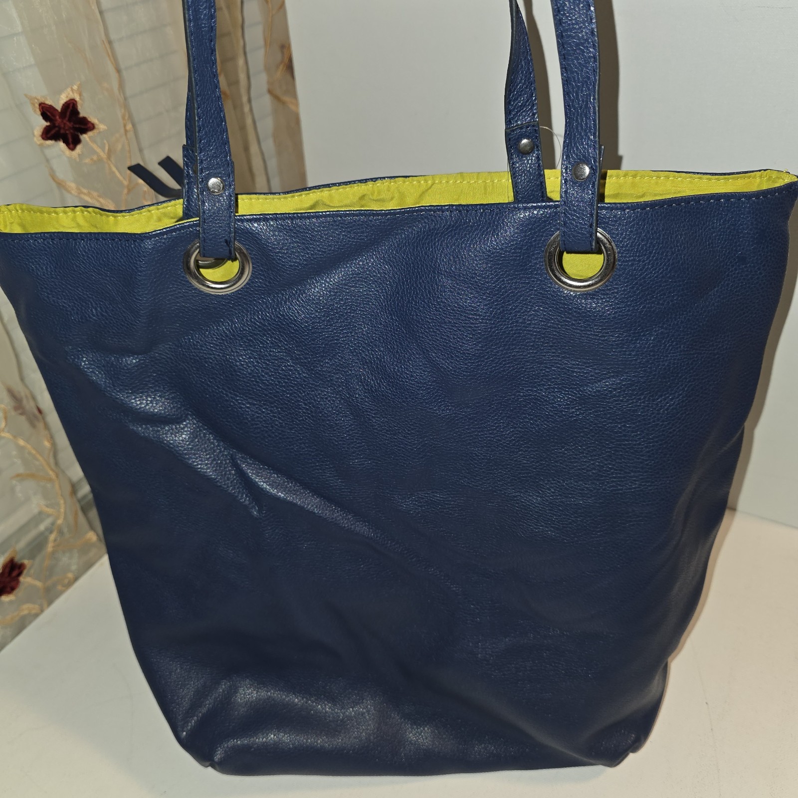 Blue Pebbled Tote Bag Yellow Lined Double Handles Open Top Silver Hardware