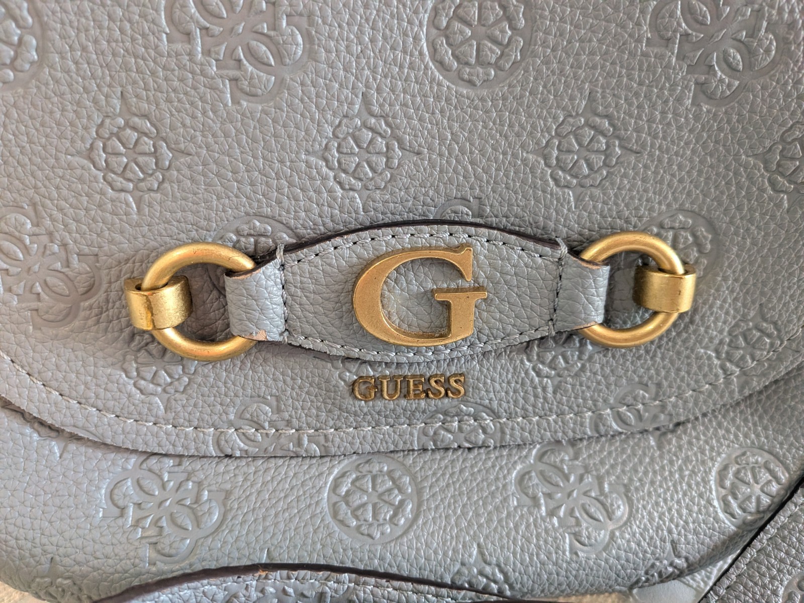 Guess Shoulder Bag Crossbody Blue Faux Leather Logo Embossed Gold Chain Strap