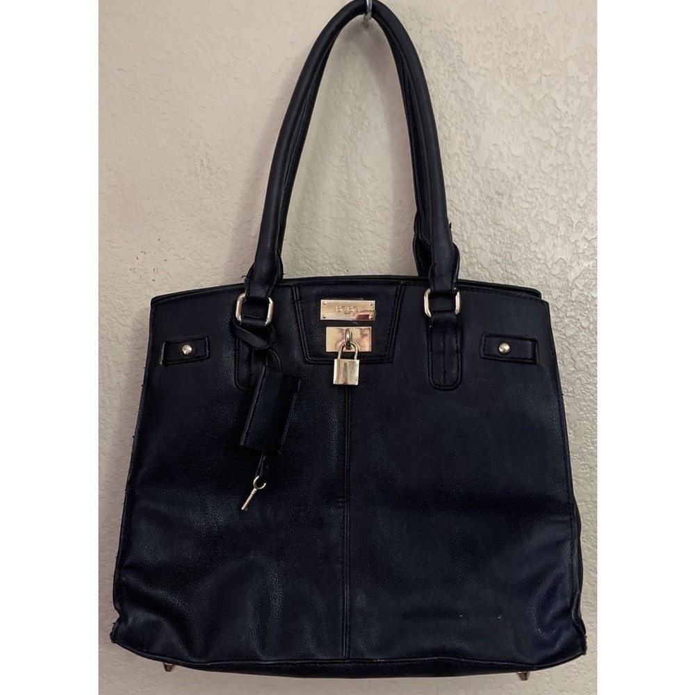 BCBG Paris Black Faux Leather Tote Bag Gold Padlock Key Detail Structured