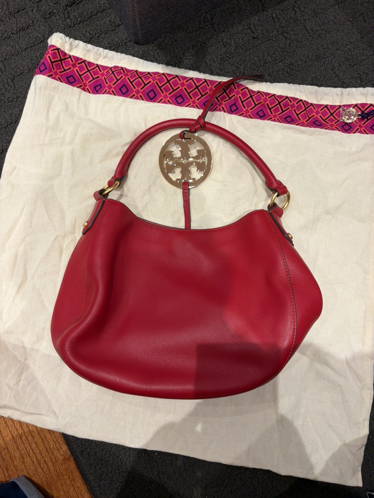 Tory Burch Red Leather Miller Hobo Bag with Multi Colour Logo Clasp