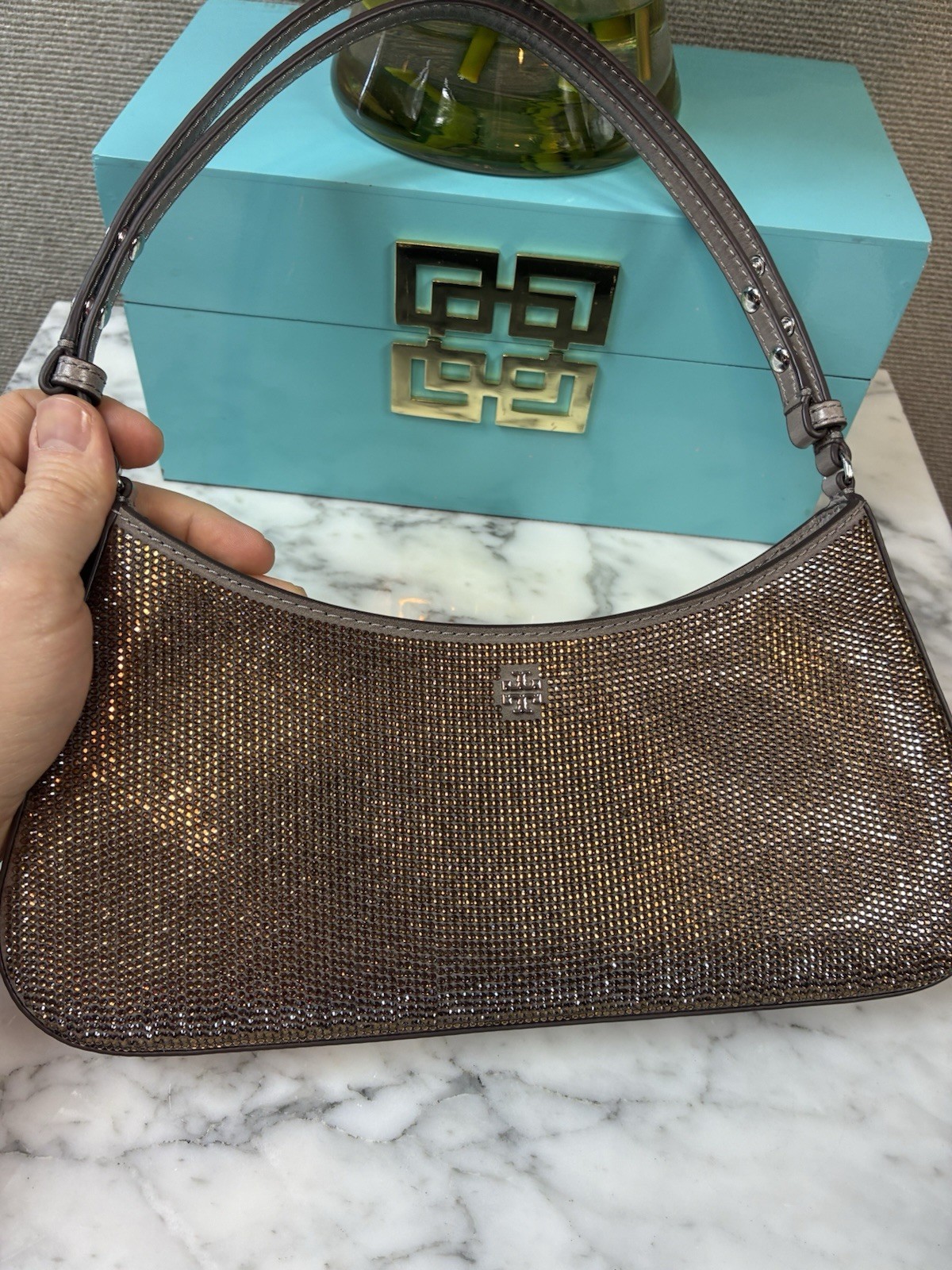 Tory Burch Dark Clay Crystal Embellished Emerson Shoulder Bag – NWT Retail $500