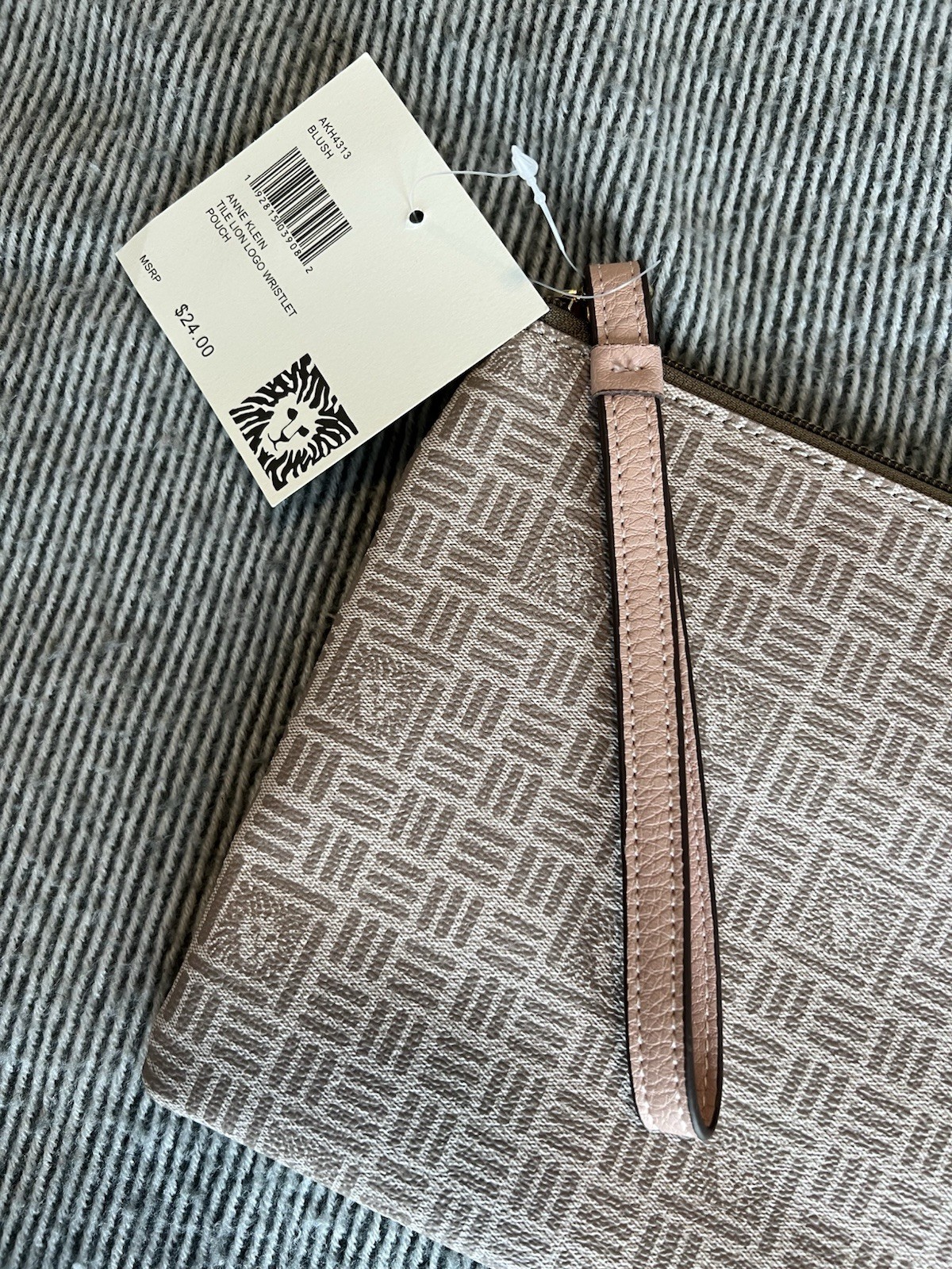 Anne Klein Logo Print Wristlet Pouch – Blush, Gold-Tone Zip, Inner Pockets