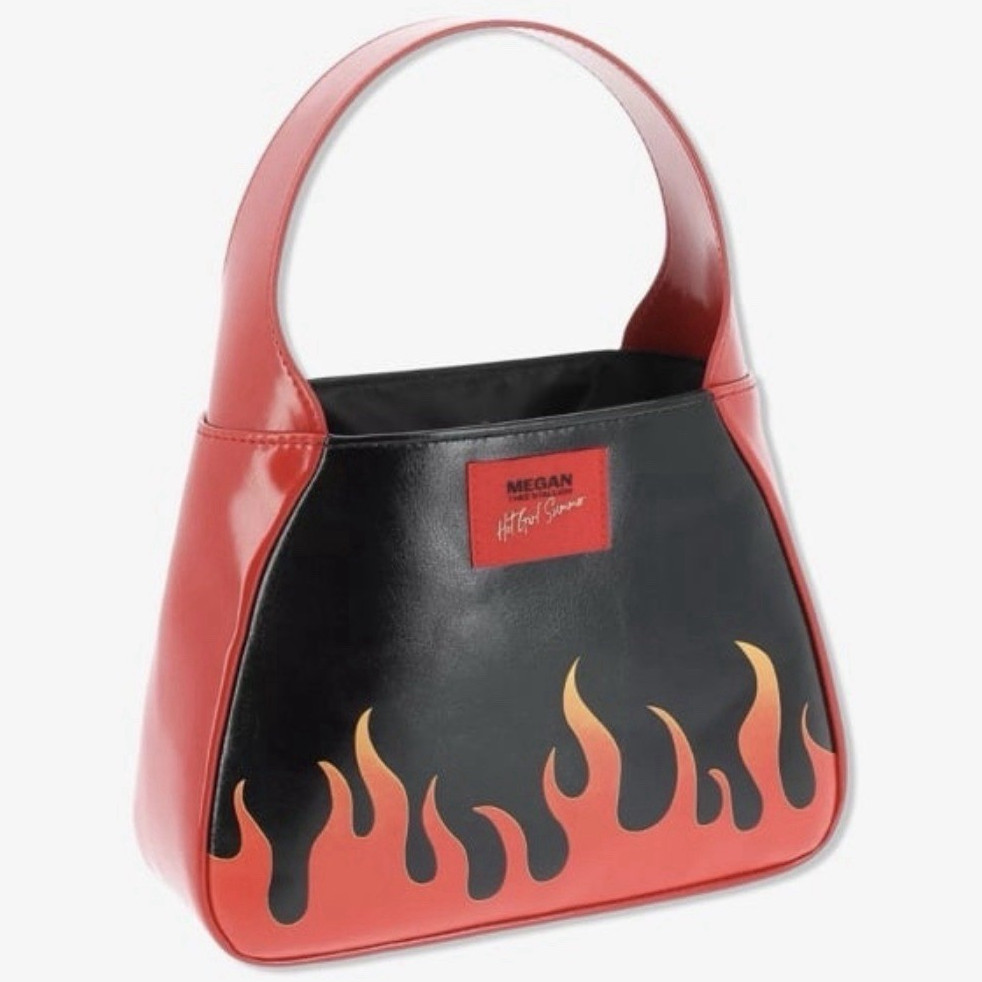 Megan Black & Red Flame Small Top Handle Bag Trapezoid, Lined, Dust Bag