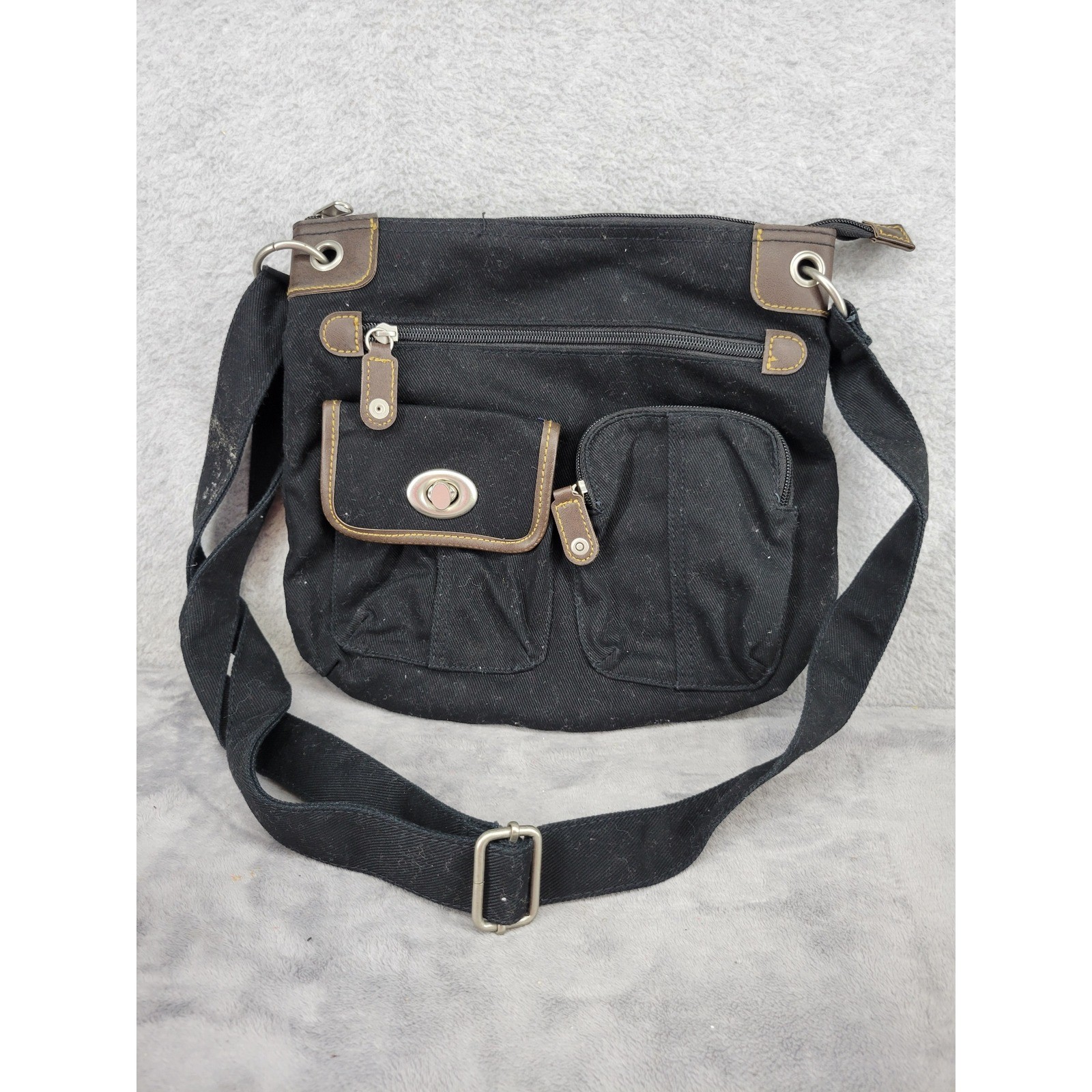 Black Canvas Multi Pocket Utility Crossbody Messenger Bag Brown Trim Adjustable