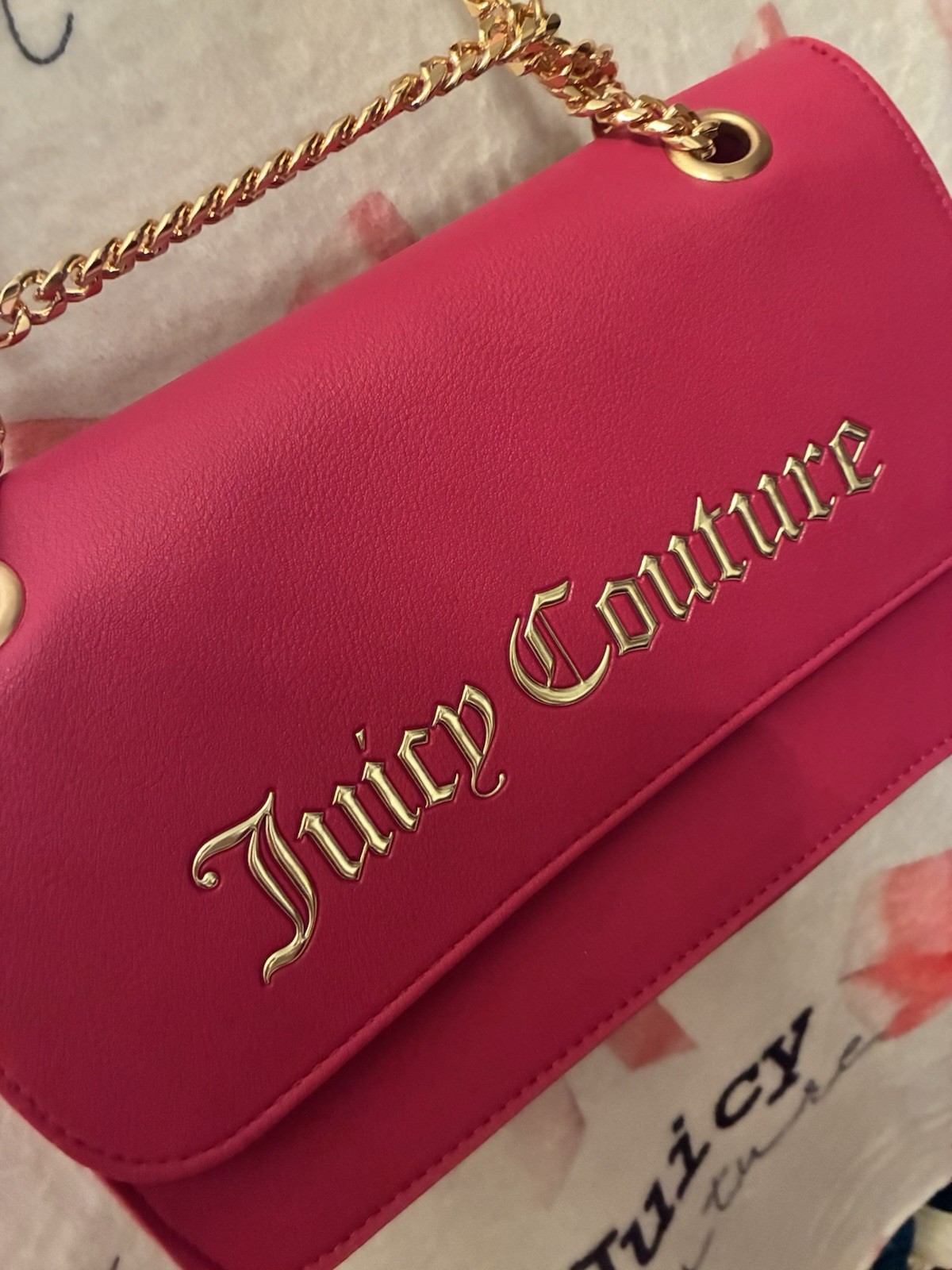 Juicy Couture Hot Pink Shoulder Bag With Gold Logo And Gold Chain
