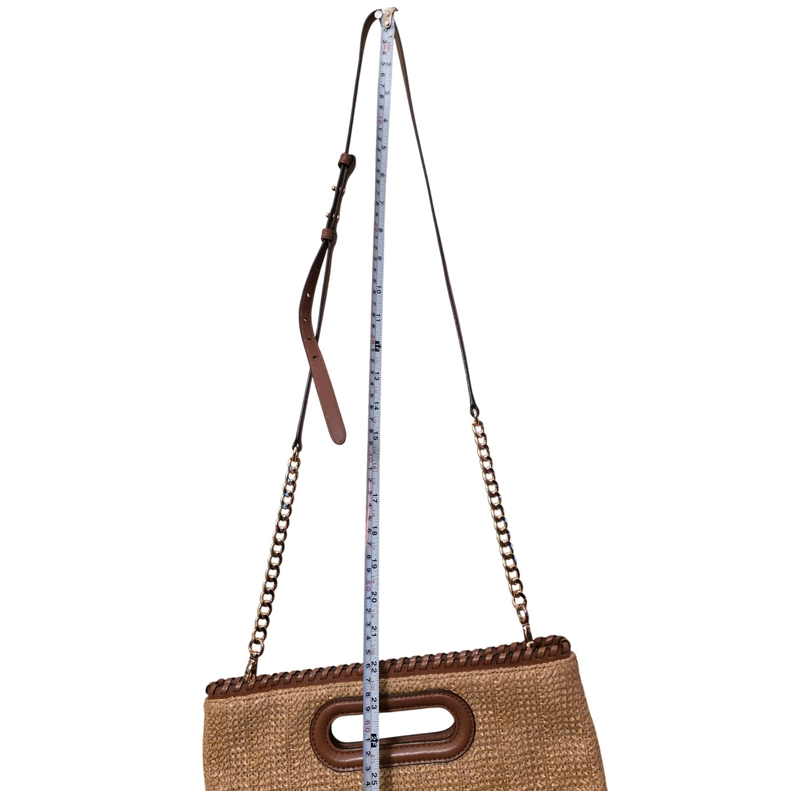 Michael Kors Woven Straw Crossbody Bag Brown Leather Trim Gold Chain Clutch
