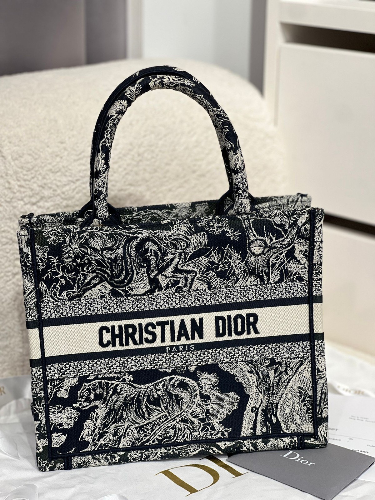 Dior Book Tote Small Navy Blue Off-white Embroidered Canvas Daily Tote Duty Paid