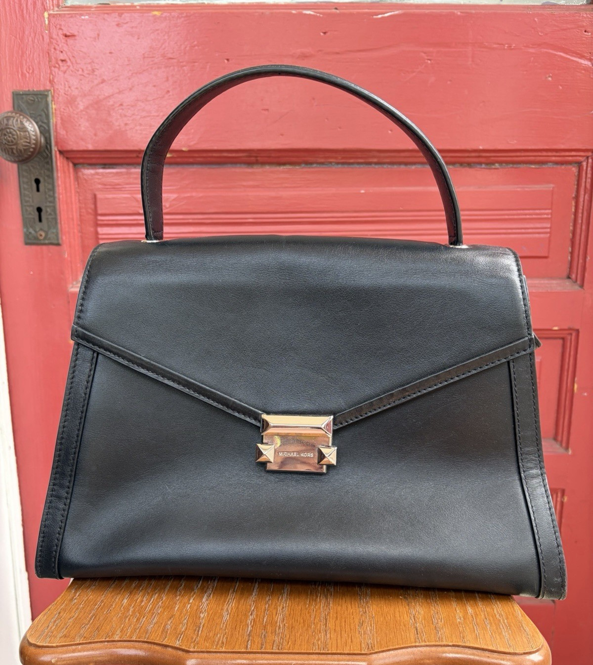 Michael Kors Black Medium Satchel Top Handle Push Lock Detachable Strap Pockets