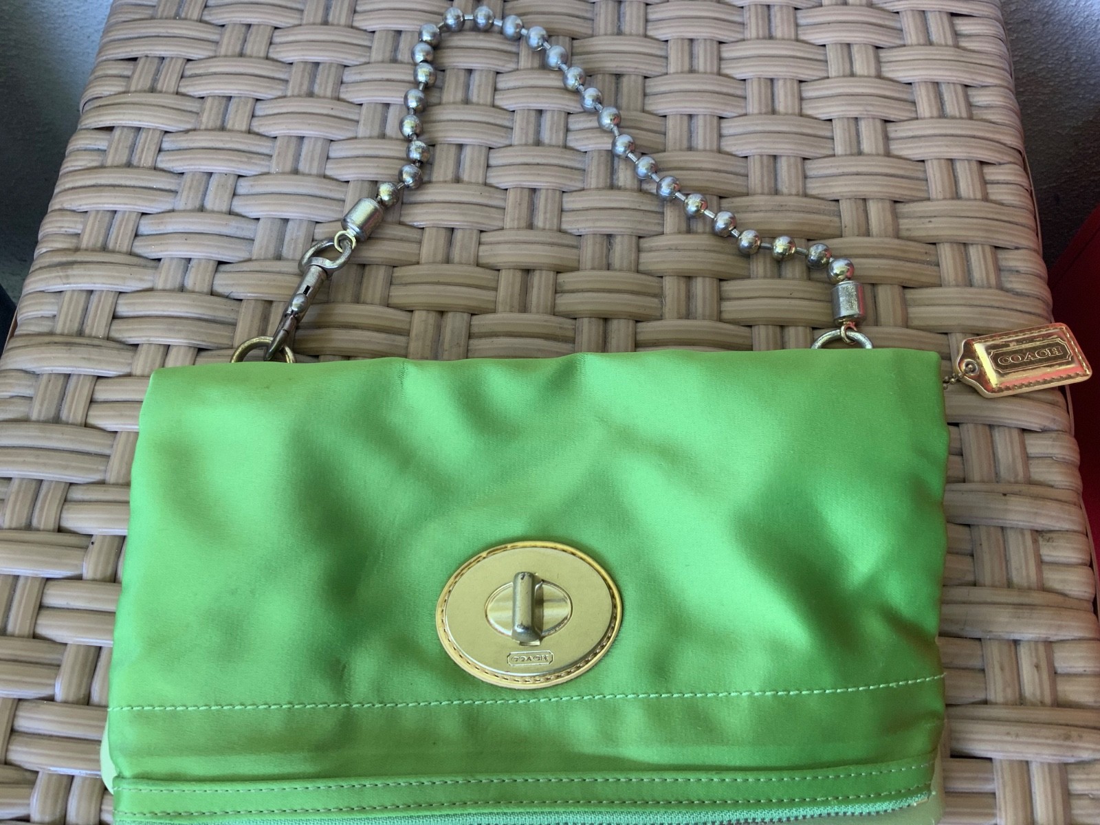 Coach 2008 Amanda Satin Green Fold over Clutch Flap Bag AS IS