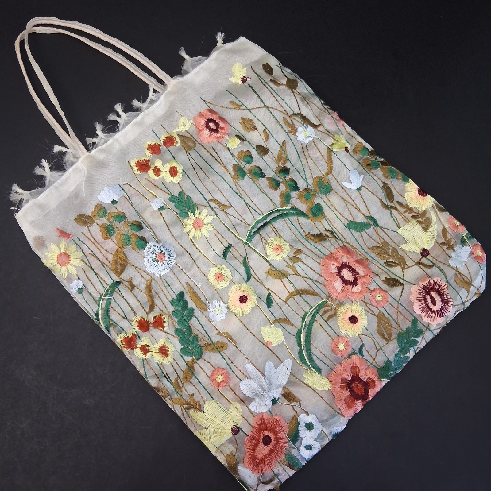 Zara Embroidered Floral Tote Bag Cream Sheer Mesh Medium Floral 12 x 13″ in
