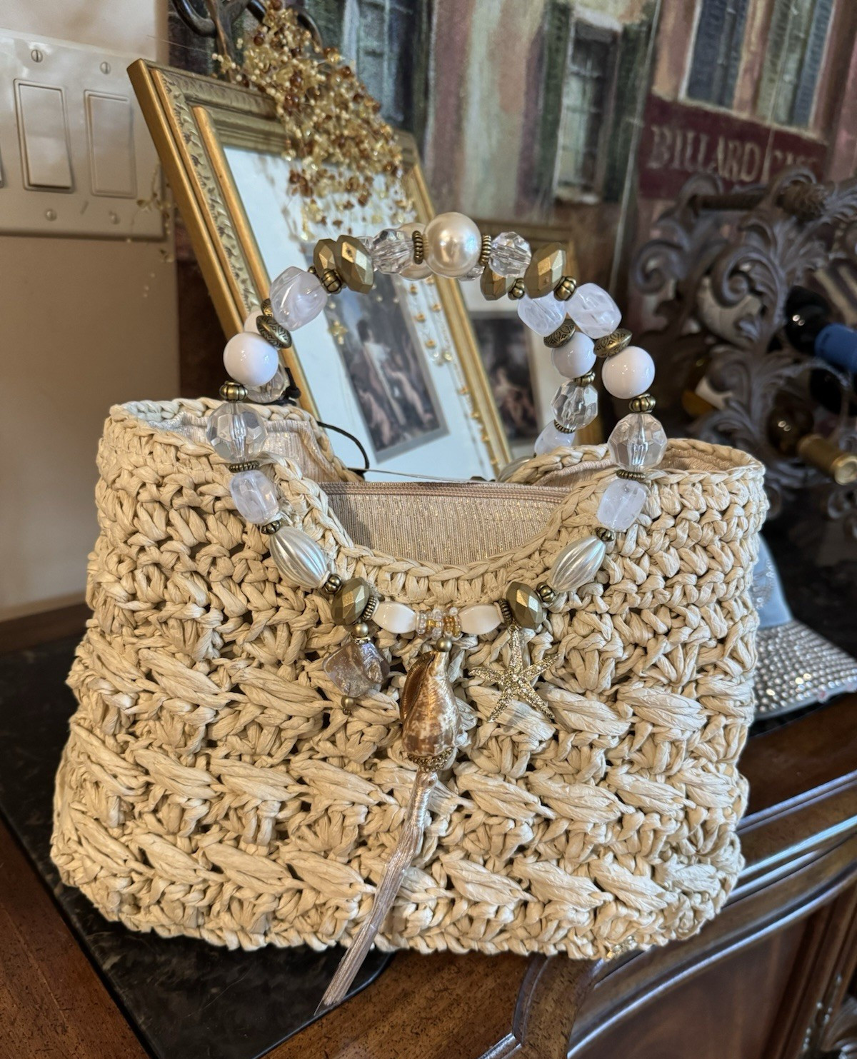 Beige Woven Straw Satchel Top Handle Bag Beaded Handle Shell Starfish Charm #Boh