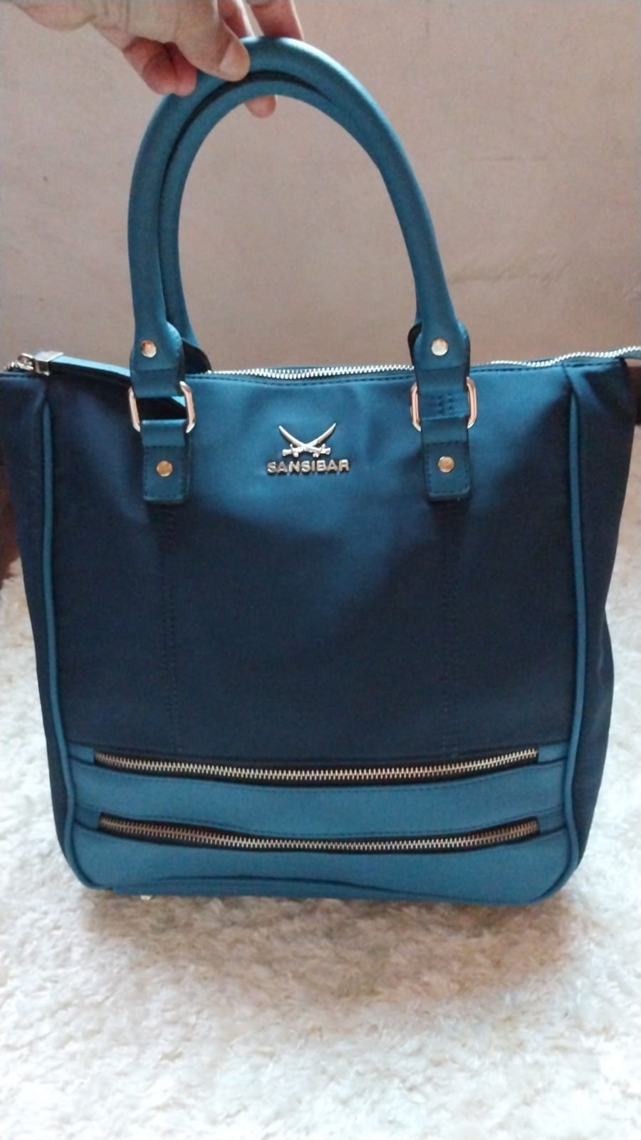 Elegant Sansibar German Brand Women’s Tote Bag Navy Blue & Teal Canvas & Leather