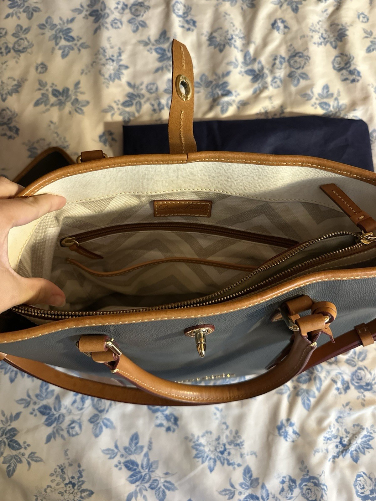 dark navy blue and tan leather Dooney & Bourke Shelby Shopper with dust bag