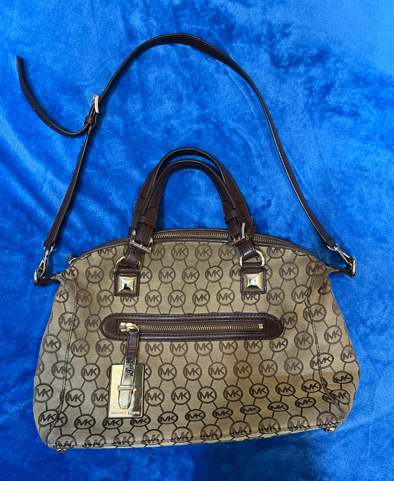 Michael Kors Large CALISTA Satchel Bag MK Signature Jacquard Beige and Brown